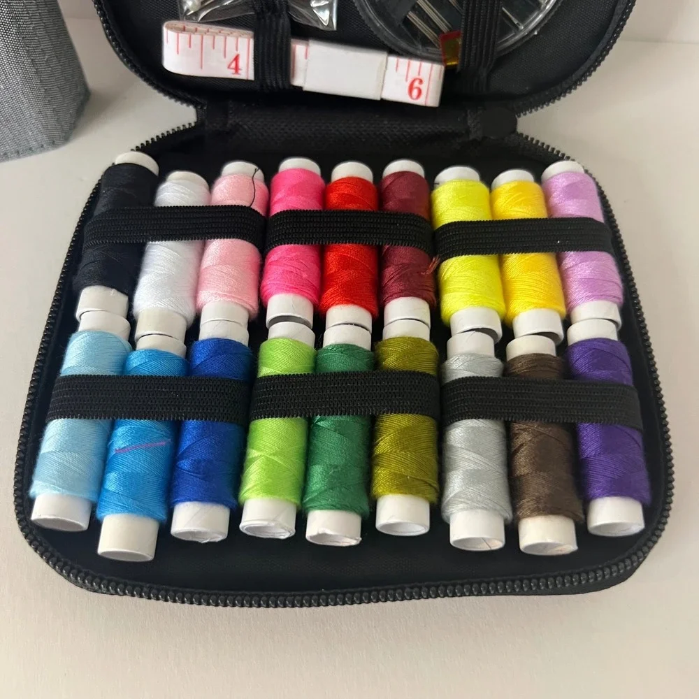 Compact Gray Sewing Kit with Multicolor Thread & Tools